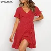 Röd sexig v hals blommig tryck själv slips wrap klänning mini dres boho ruffle fow fleeve sommar mini klänningar vestidos 220509