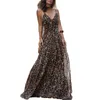 Vintage Leopard Print Long Women Dress Sexig V-hals Spaghetti Strap Golvlängd Maxi Female Party Dresses Plus Size W844 220507