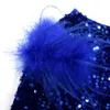 Sexy Mini Short White Royal Blue Evening Dress 2022 One Shoulder Feather Black Girls Prom Dresses Long Sleeve Glitter Sequin Cocktail Party Vestido De Gala Femme