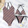 Brown Womens Swimsuit Beach Bikini Letter Print Bathing Suits V Neck Ladies Swimwear Set