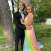 Dresses Ombre Colorful Prom Dress Sheer Deep V Neck A Line Pleated Evening Gowns Rainbow Sweep Train Chiffon Plus Size Special Occasion Fo