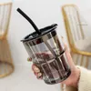 410ml Glass Coffee Mugs Drinking Straw Water Bottles Portable Water Cups With Lid Leather Anti Slip Cover Outdoor Travel Couple CX220513