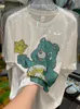 여자 티셔츠 여름 여성 대형 Tees 만화 베어 곰 드릴링 트렌디 한 스트리트웨어 상단 O-Neck 짧은 슬리브 흰색면 티셔츠 워메 멘스