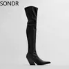 Womens Over The Knee Boots Pointed Toe Chunky High Heel Side Zipper Long Shoes Slim PU Leather Sexy Chelsea New 2022 Y220817