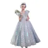 2022 Luxury Blue Bling Sequin Girls Pageant Robes du cou de fond en Ve de fleur ruée