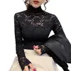 Autumn Women Thin Black Lace T shirt Sexy Turtleneck Long Sleeve Slim Crochet Patchwork Tee Tops WDC6074 220728