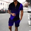 Men's Tracksuits Men's Suit 3D Digital Print Pockets Summer Short Sleeve Shirt Shorts Fashion Zipper Two Piece Men TracksuitMen's Men'sM