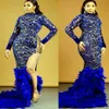 2022 Plus Size Arabic Aso Ebi Royal Blue Mermaid Prom Dresses Lace Pärled Feather Evening Formal Party Second Reception Birthday Engagement Gowns Dress ZJ211