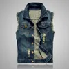 Denim ärmlös jacka män mode rippad bomull Jean västar Gilet Casual Jeans Waistcoat Cowboy Hip Hop Streetwear kläder 220406