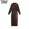 Traf Women Fashion с собранным мягким прикосновением Midi платье винтажное с длинным рукавом передние вентиляционные отверстия женские платья vestidos mujer a220812