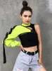 HEYounGIRL Neon Green One Shoulder Off Halter Top Harajuku Black Reflective Tshirt Donna Hip Hop Street Wear Tee Shirt Femme 220727