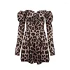 Casual Dresses Hirigin 2022 Leopard Print Off-Shoulder Frilly Bundna långa ärmar Slim-midjeklänning för flickor Streetwear Women Autumn Sexig Skir