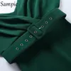 Sampic Sexy Women V Neck Off ombro Party Club Bodycon Midi Dress com Belt Fashion Envolve Vestes Elegant Autumn 220521