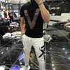 Men's T Shirts Men's Bodybuilding T-Shirt Quality Mercerized Cotton V-Shaped Pattern Rhinestone Shining Original Short Sleeves Summer