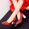 Dress Shoes 2022 Fashion Womens Pumps Gold Silver Pointed Brides Heeled Wedding Party Slip-on Block Sequined Cloth Ladies