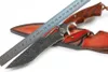 1 stks M6655 Survival Rechte Jachtmes Damascus Staal Drop Point Blade Ebbenhout met Steels Hoofd Handvat Vaste Messen Messen met Lederen Schede