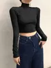 Dames t -shirt gothic gebreide gotische casual zwarte t -shirts grijze lange mouw bodycon turtleneck blauwe crop top herfst winterkleding 230206