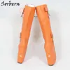 Sorbern débutant sans talon mi-mollet bottes femmes grande taille Sexy fétiche chaussure Pinup Ballet verrouillable botte compensée Orange mat