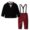 Stripe Fashion Boys Outfits Kids Lapel Long Sleeve Shirt+blazers Outwear+suspender Pants+Bows Tie 4pcs Sets Children Gentleman Sets