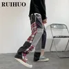 Ruihuo patchwork plaid streetwear broek mannen kleding Koreaanse mode heren broek joggers 3xl lente aankomsten 220713