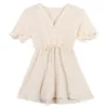 Robes de soirée en mousseline de soie dentelle col en V femme solide mini robe été français fée empire taille manches courtes noir blanc mince a-ligne