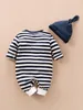 Baby Unisex striped and cartoon pattern Jumpsuit with cap SHE