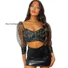 Sexy Woman Tshirts Gauze Leopard Print T-shirt Sex Square Collar Open Navel Short Bubble Sleeve Women's