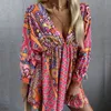 Vintage Punk Boho Floral Bandage Dres Seksi V-Neck Batwing Sleeve Mini Elbiseler Moda Yaz Partisi Lady Beach Elbiseler 220518