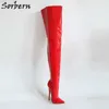 Sorbern Vermelho Botas Brilhantes Mulheres Eixo Hard Sobre O Joelho Permaneça Perna Largura Bezerro Disponível Crotch Tow High 18cm