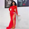 Robe de bal de sirène rouge sexy, femmes africaines, paillettes, col haut, manches longues, côtés coupés, fente latérale, robes de soirée de célébrités