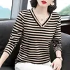 Kadın T-Shirt Kadın Tshirts Striped Uzun Kol V-Neck Sonbahar Kış Gevşek Artı Beden Giysileri Üst mahsul Mujer Camisetas Phyl22