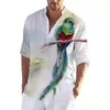 Men's Casual Shirts Men Shirt Vintage Parrot Printed Loose Cotton And Linen Trend Cardigan Long Sleeve ShirtMen's