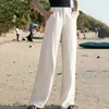 Lucyever Summer Cotton Linen Pants Kvinnor Hög midja blixtlås Vit bredben kvinna avslappnad lös rak full byxor kvinnlig 220725