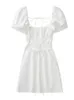 Traf White Dress Woman Short Puff Sleeve Mini Lady Summer Backless ES Ladies Ruched Strappy Linen 220613