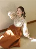 Work Dresses Fashion Suit Two-Piece Set Autumn For Women Suits Elegant Printed Retro Shirt Puff Sleeve+Puff Skirt Outfits Femme Fall/Winter