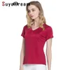 Suyadream Women Silk TシャツナチュラルシルクショートスリーブソリッドVネックトップシャツ新しい白い黒いボトムシャツ210311
