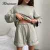 Hirsionsan Weiche Baumwolle Sets Frauen Casual Zwei Stücke Langarm Sweatshirt Hohe Taille Shorts Solide Outfits Trainingsanzug 220816