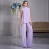 Lavanda Abito a due pezzi Abiti per la madre della sposa Collo alto Pantaloni in chiffon Abito formale Collo alto Abito senza maniche Mere De Marrige