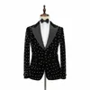 Mäns kostymer blazers svartvita polka prickar sammet män kostym homme brudgum tuxedos bröllop slim fit party blazer landuxiu2593