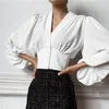 Ladies Autumn Elegant Sexy Lantern Long Sleeve Blus Blus V Neck Button Down Vintage Shirt Blusa Blusa 220812