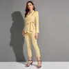 Pantalon de deux pièces pour femmes printemps femme tenue de bureau blazer pantalon costume pièces ensemble femmes veste ceinturée jambe large ensemble élégant femmes