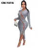 CM.YAYA Frauen Herbst Gestrickte Spitze Up Aushöhlen Sexy Bodycon Midi Maxi Kleid Sexy Club Party Gerippte Langarm Lange kleider 220516