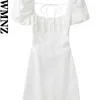 Xnwmnz Women White Fashion Linen Blend Squire Squole Pesh Neck Short Puff Mangeves Backless Crossover Straps Dress For Womens 220707