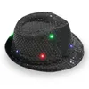 LED Jazz Chapeaux Clignotant Éclairage LED-Fedora Trilby Paillettes Casquettes Déguisements Danse Fête Chapeaux Unisexe Hip Hop Lampe Lumineux-Chapeau SN4075