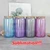 New 16oz Sublimation Glitter Beer Can 4 Color Clear Glass With Wooden Lids&Plastic Straws 500ml White Blank Water Bottles DIY Heat Transfer Wine Tumblers