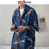 LAPPSTER Mens Crane Print Shirts Harajuku Sommer Vintage Button Up Kurzarm Männliche Koreanische Mode Glatte Blusen 220324