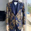 Jacquard Floral Tuxedo Suits for Men Wedding Slim Fit Navy Blue and Gold Gentleman Jacket with Vest Pant 3 Piece Male Costume 220812