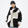 Harajuku renk bloğu fermuarlı kuzu ceket erkekler kadınlar kış sherpa polar pamuk yastıklı ceket sokak giysisi dış giyim