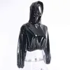 Style Sweater Women Short Cropped PU Leather Shiny Hoodie Fashion Jacket Women Smooth Leather Slim Fit Jacket with Hood Collar L220801
