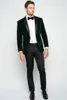 Dark Green Men Suits Velvet Wedding Tuxedos Slim Fit Szal Kapel Mężczyzna Tuxedo One Button Groom Formalne Nosić 2 szt Prom Party Blazer Jacket + Spodnie